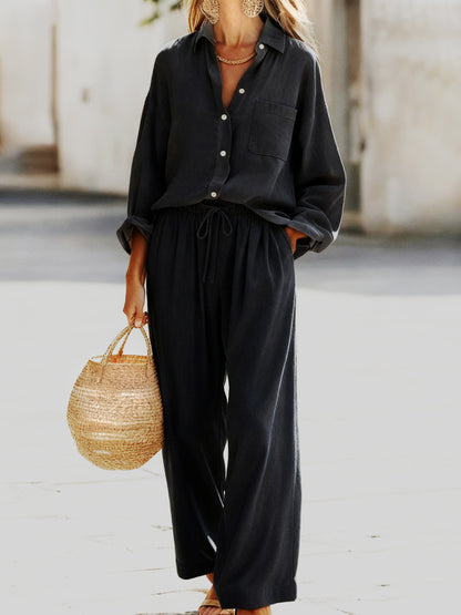 Women's Linen Look Shirt Pants Two Piece Set Casual Lounge