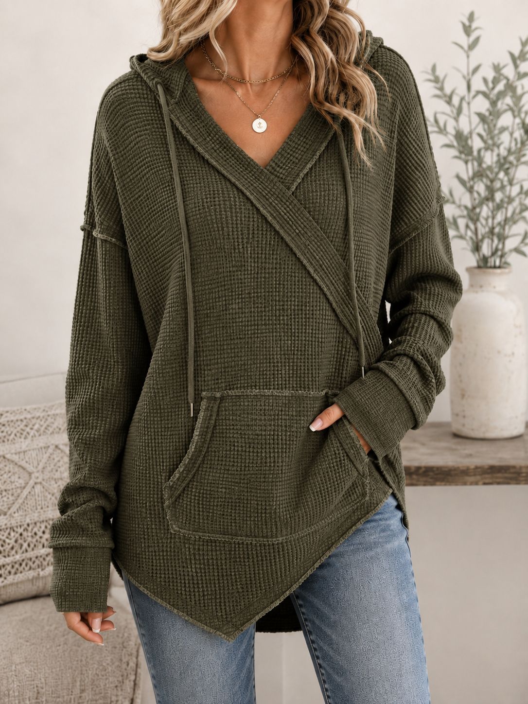 Women's Oversized Waffle Knit Hoodie V Neck Pullover