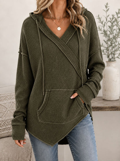 Women's Oversized Waffle Knit Hoodie V Neck Pullover