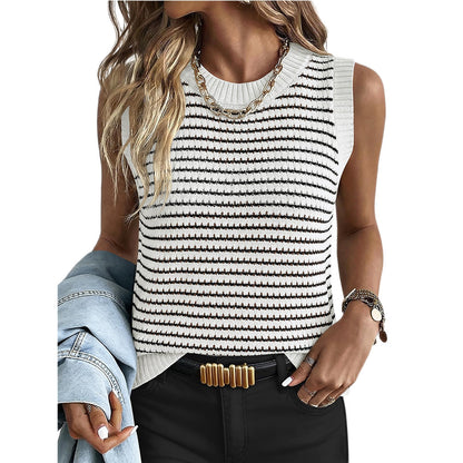 Striped Knit Sleeveless Tank Top Hollow Summer Sweater