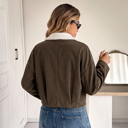 Women's Sherpa Collar Corduroy Color Block Jacket