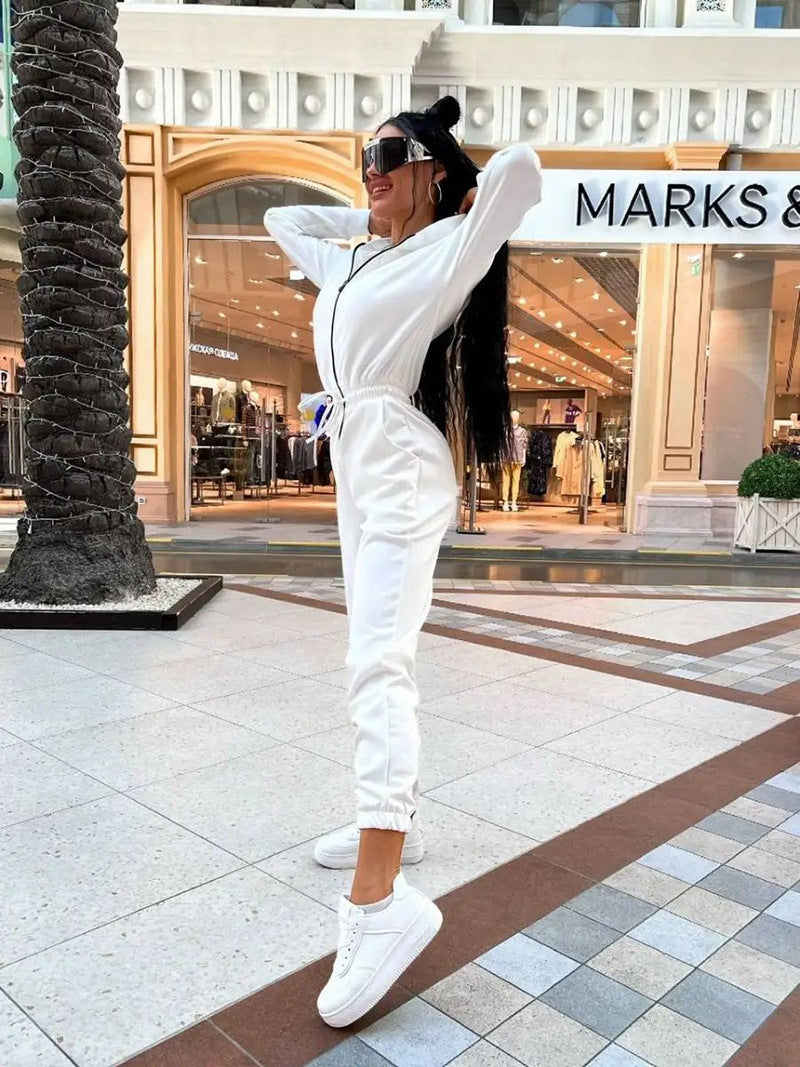 Women's Hooded Drawstring Jogger Jumpsuit Pockets