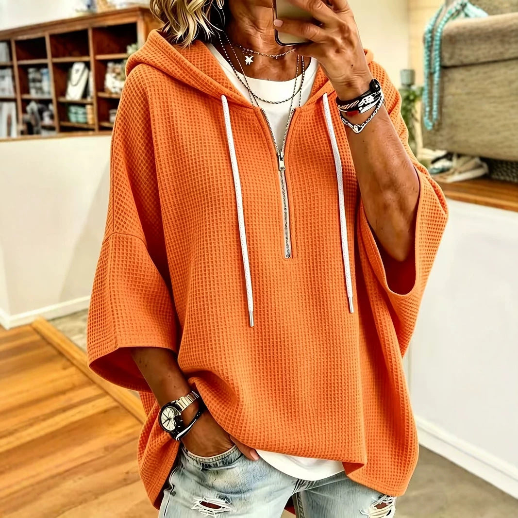 Women's Oversized Waffle Knit Half Zip Batwing Hoodie