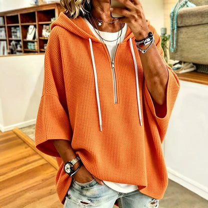 Women's Oversized Waffle Knit Half Zip Batwing Hoodie