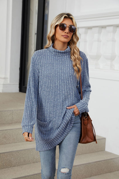Women's Oversized Ribbed Mock Neck Tunic with Pockets