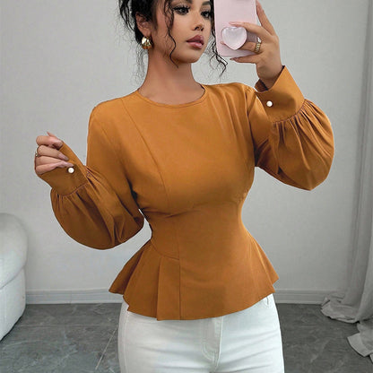 Women's Puff Sleeve Peplum Blouse Cinched Waist Top