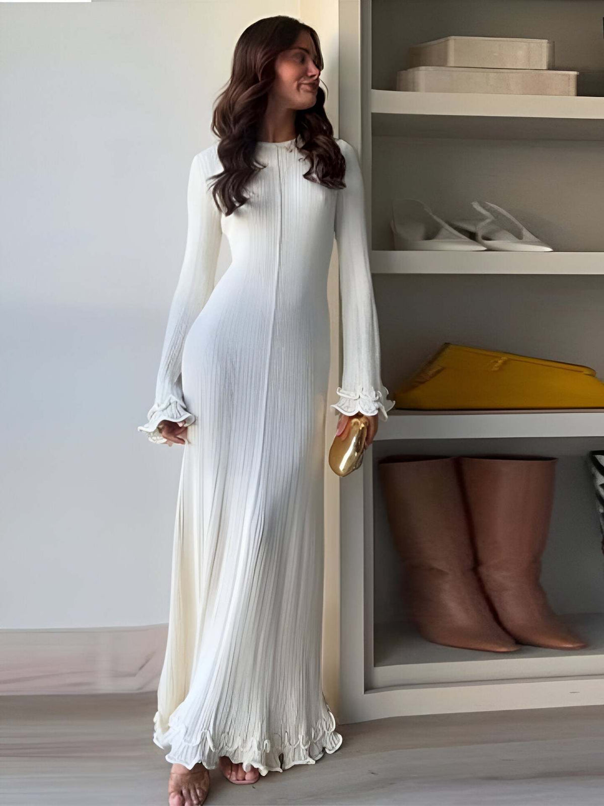 Ribbed Maxi Dress Long Sleeve Tie Back Ruffle Hem