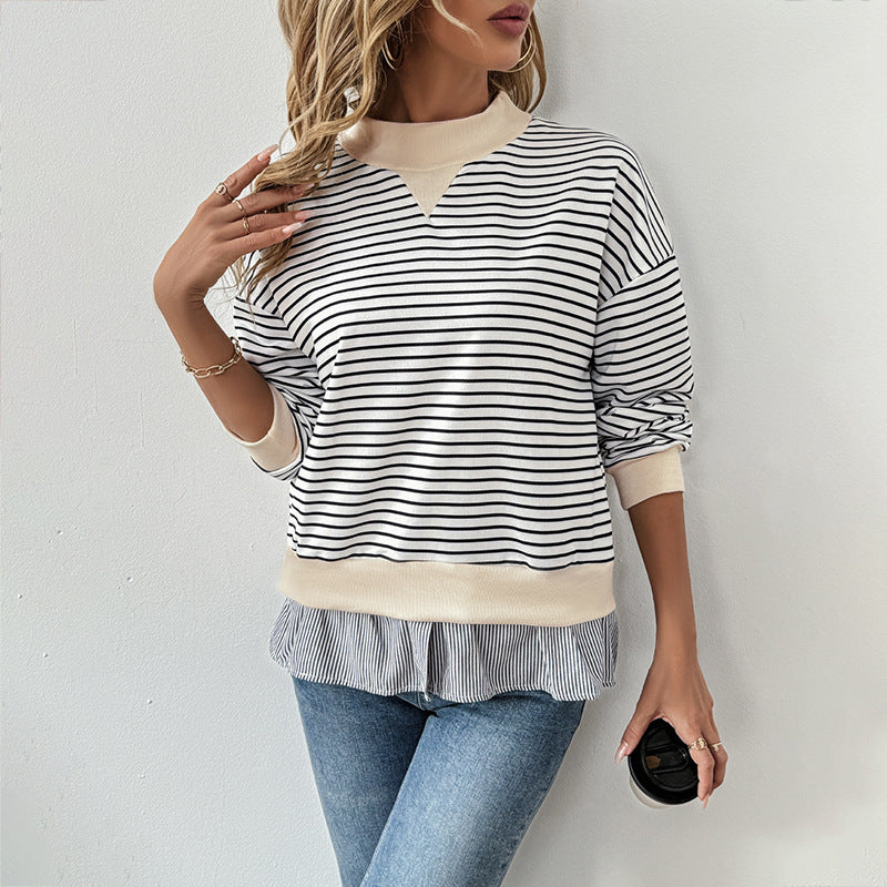 Casual Long-sleeved Crew Neck Striped Stitching Fake Two-piece T-shirt