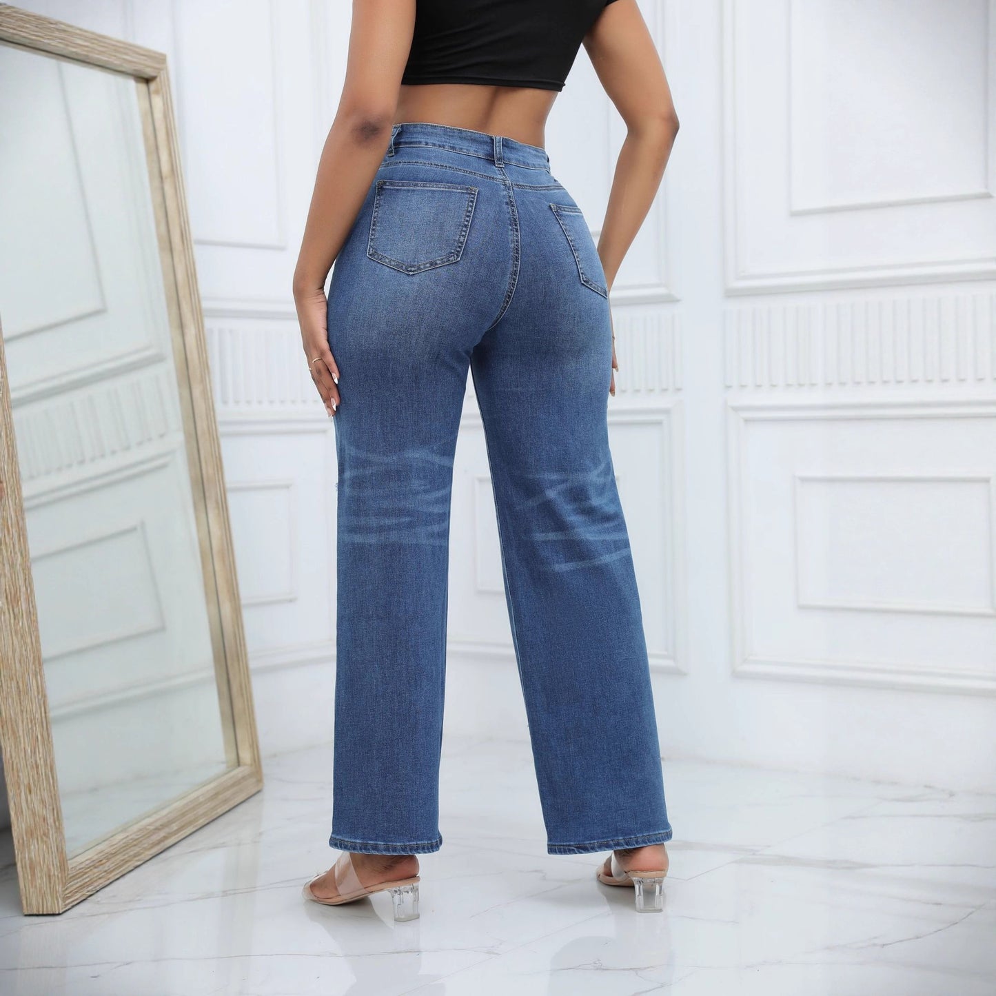 Ripped Denim Wide Leg Pants High Waist Casual Jeans