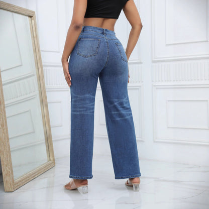 Ripped Denim Wide Leg Pants High Waist Casual Jeans