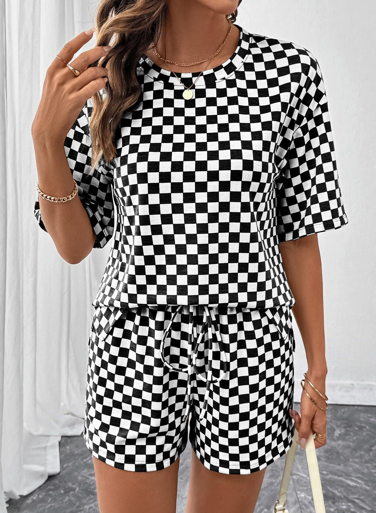 Rose Red Checkerboard Tee and Drawstring Shorts Set