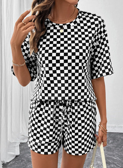 Rose Red Checkerboard Tee and Drawstring Shorts Set