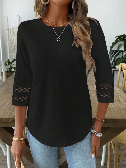 Women's Lace Trim 3/4 Sleeve Tunic Blouse