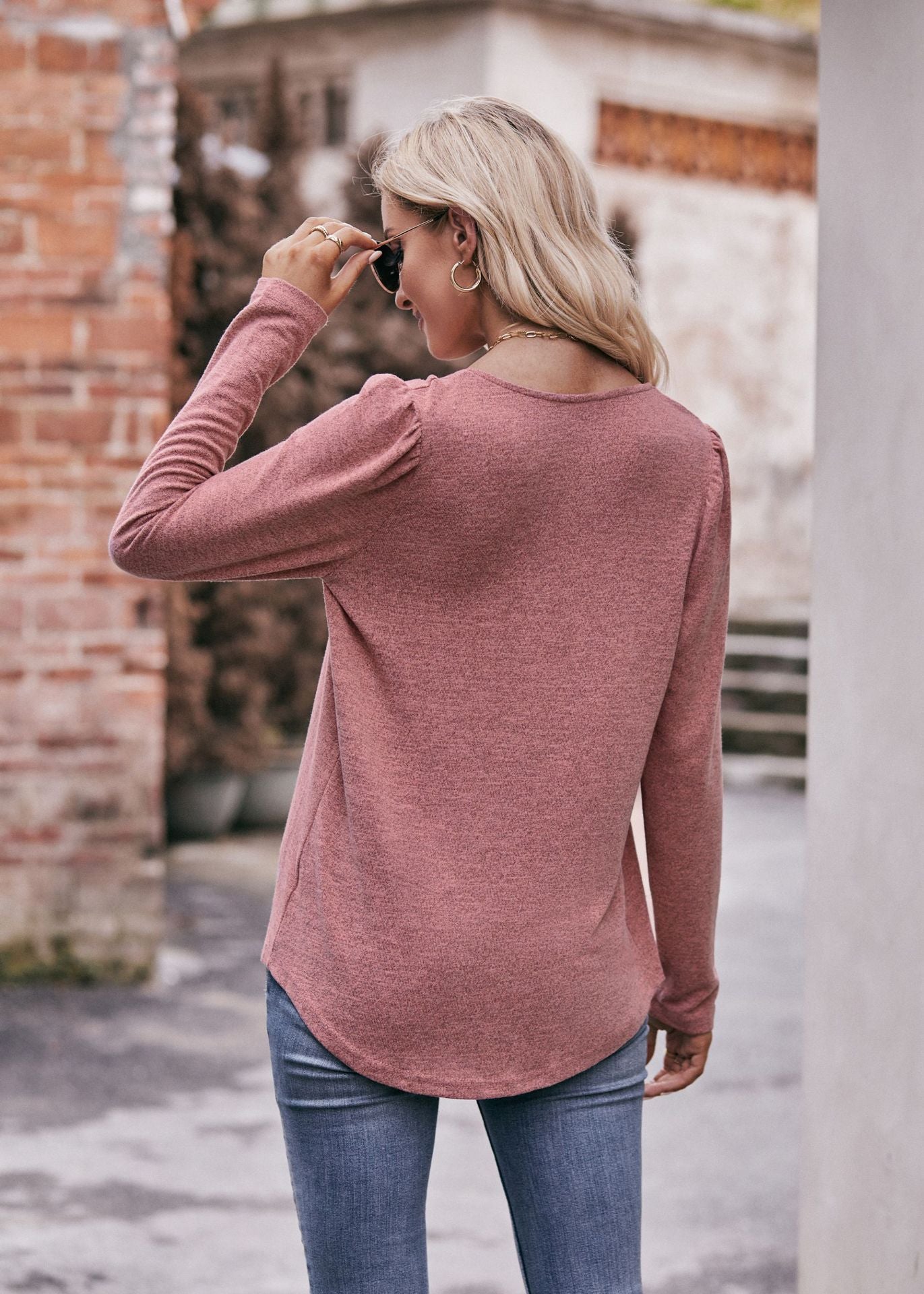 Square Neck Pleated Long Sleeve Top for Women