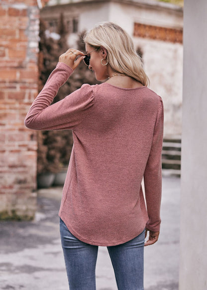 Square Neck Pleated Long Sleeve Top for Women