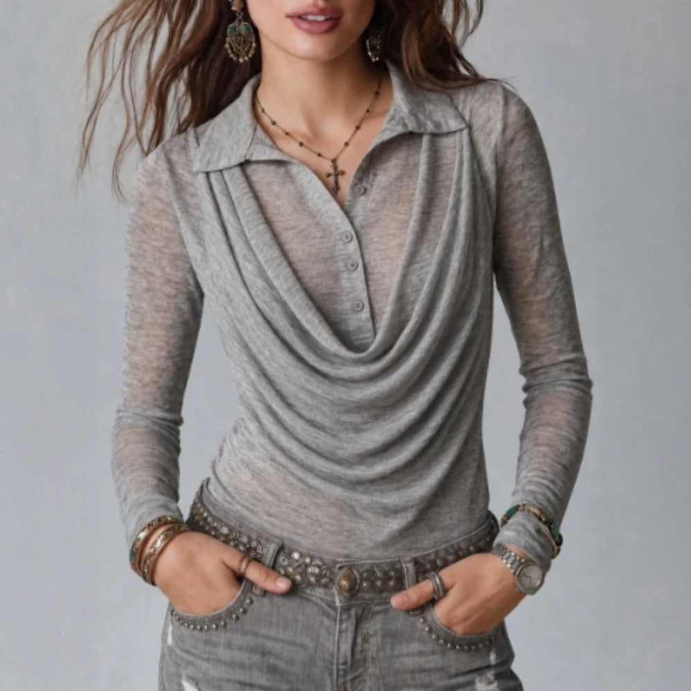 Women's Sheer Draped Button Front Long Sleeve Top