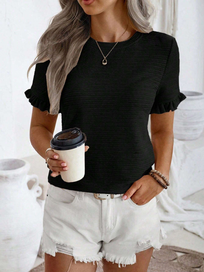 Women’s Ruffle Sleeve Textured Round Neck Casual Top