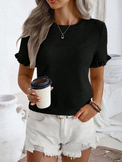 Women’s Ruffle Sleeve Textured Round Neck Casual Top