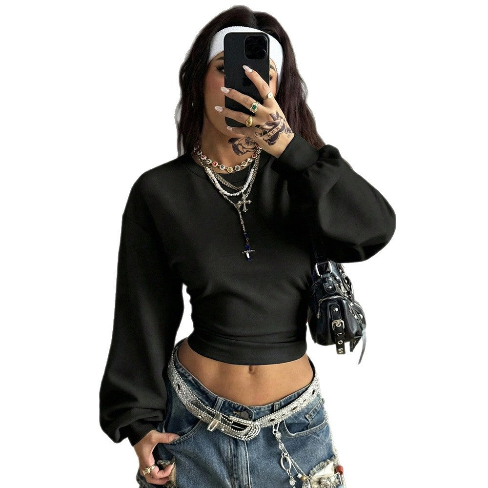 Y2K Crop Sweatshirt Slim Fit Solid Long Sleeve Top