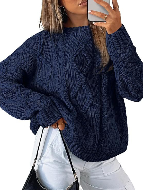 Womens Oversized Cable Knit Crewneck Pullover Sweater