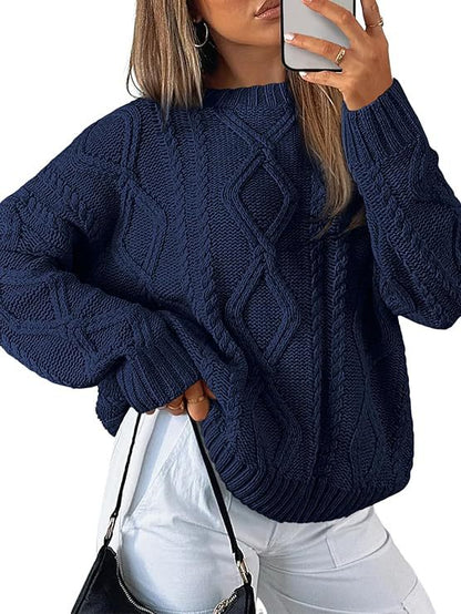 Womens Oversized Cable Knit Crewneck Pullover Sweater