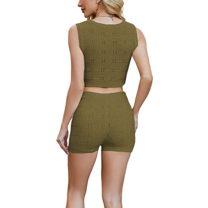 Crochet Knit Crop Tank and Biker Shorts Two Piece Set