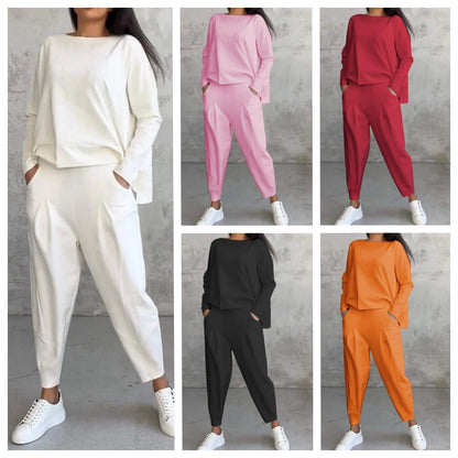 Womens Casual Two Piece Set Long Sleeve Top Pants Pockets