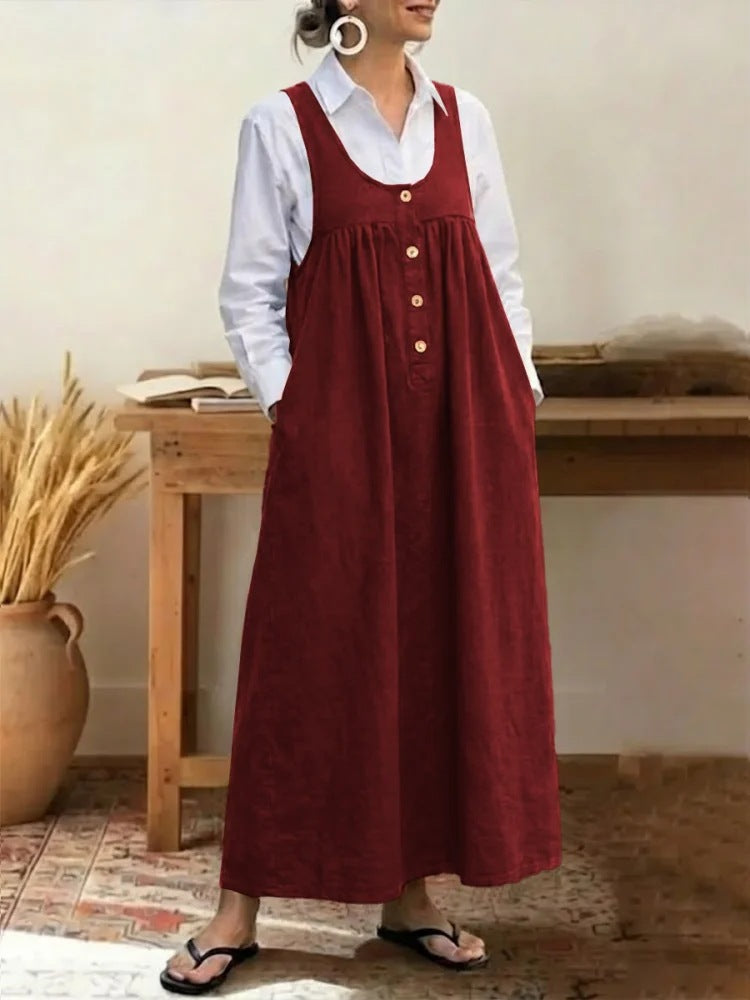 Women's Solid Button Front Jumper Dress Sleeveless