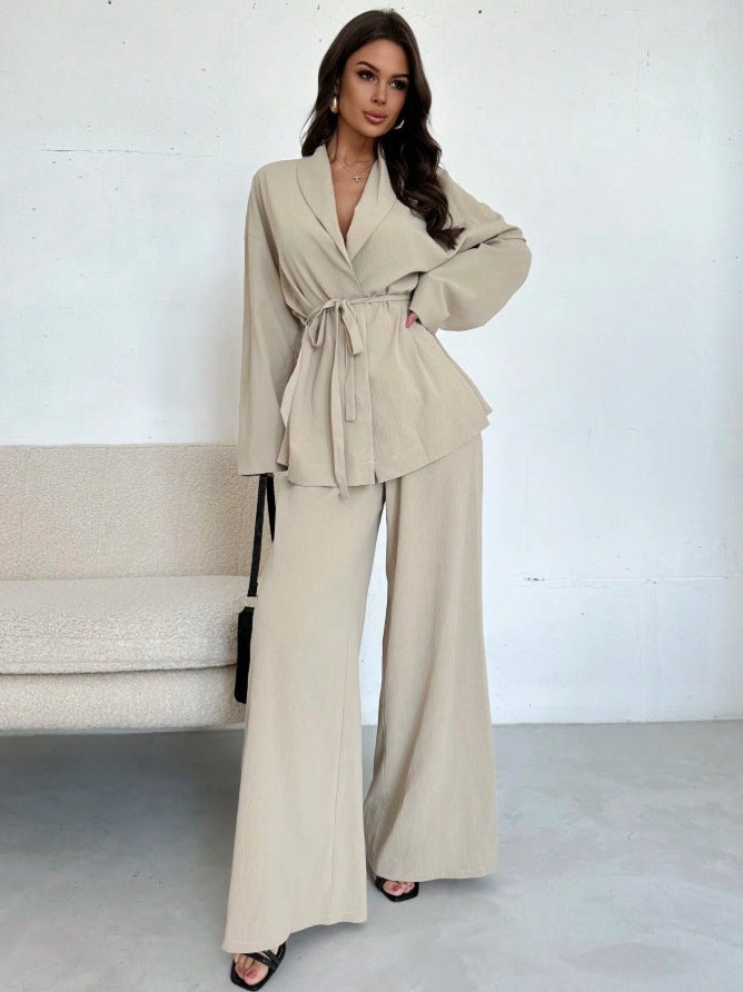 Lapel Belted Top Wide Leg Pants Two Piece Set