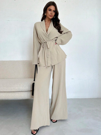 Lapel Belted Top Wide Leg Pants Two Piece Set