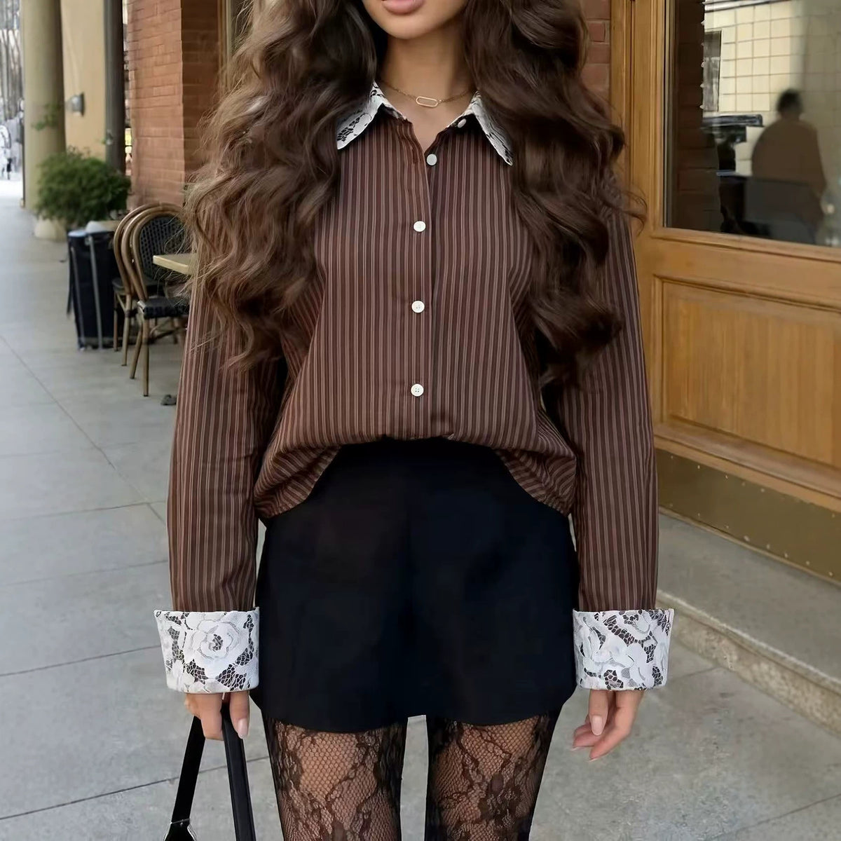 Women's Striped Lace Trim Long Sleeve Button Down Blouse