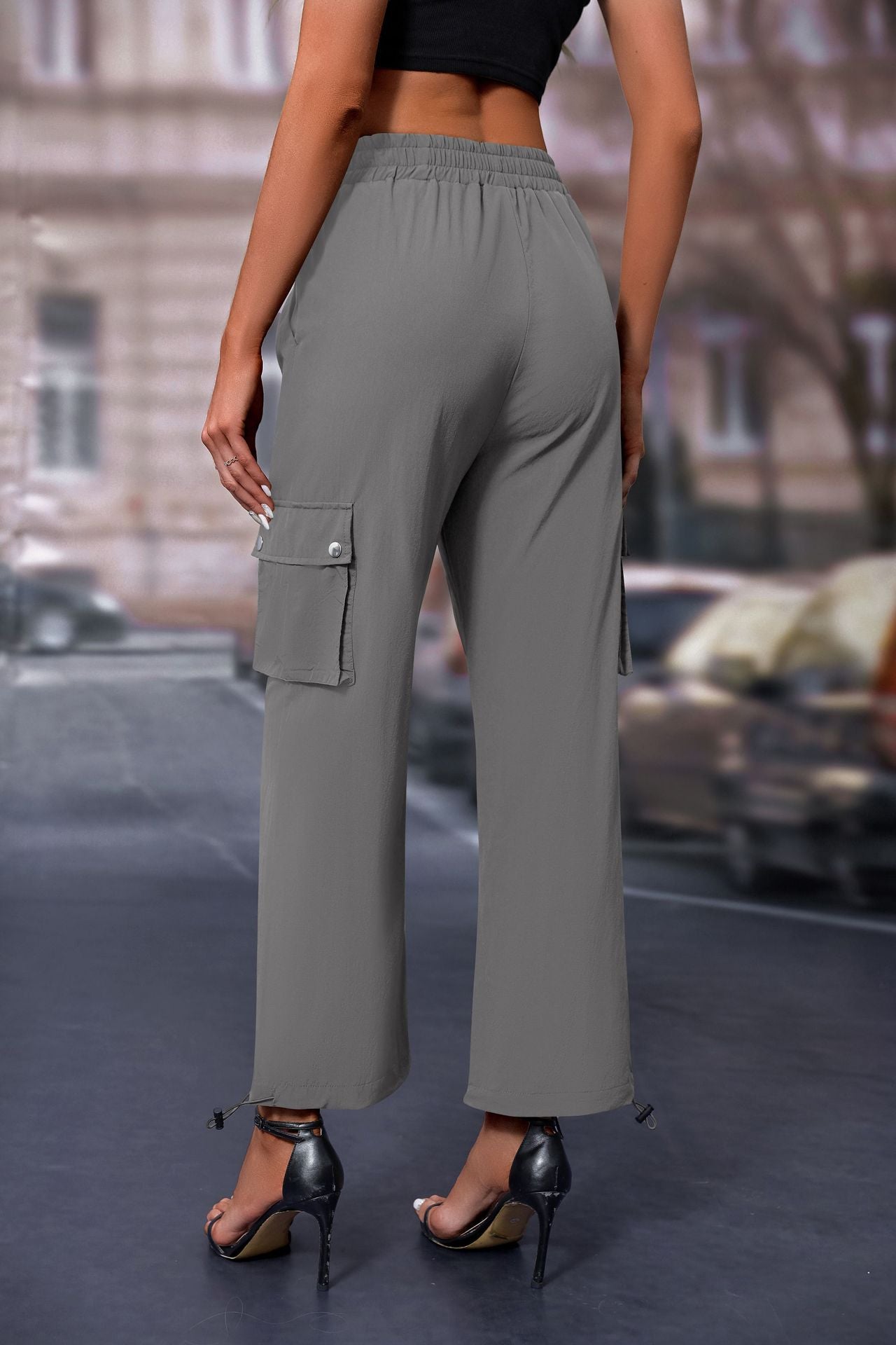 Women's High-Waisted Drawstring Cargo Pants, Baggy Parachute Utility Trousers