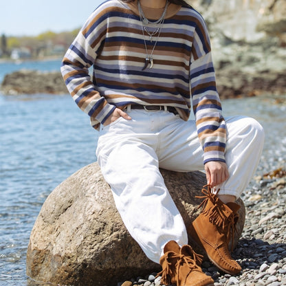 Women's Striped Crewneck Pullover Sweater Soft Knit Top