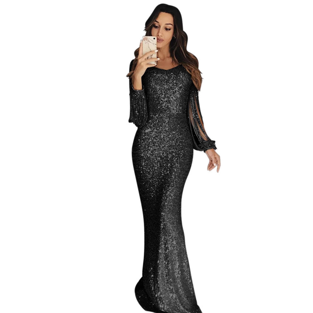 Women's Sequin Fringe Long Sleeve Evening Maxi Dress