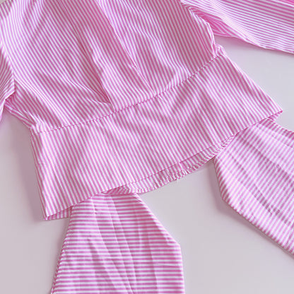 Women's Striped Tie Waist Long Sleeve Button Down Shirt