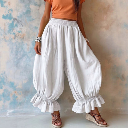 Women Ruffle Hem Balloon Pants Elastic Waist Wide Leg Boho