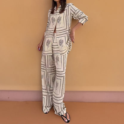 Boho Printed Button Down Shirt Wide Leg Pants Matching Set