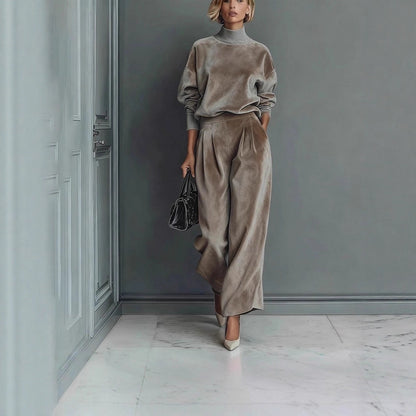 Women's Velvet Matching Set Mock Neck Wide Leg Pants