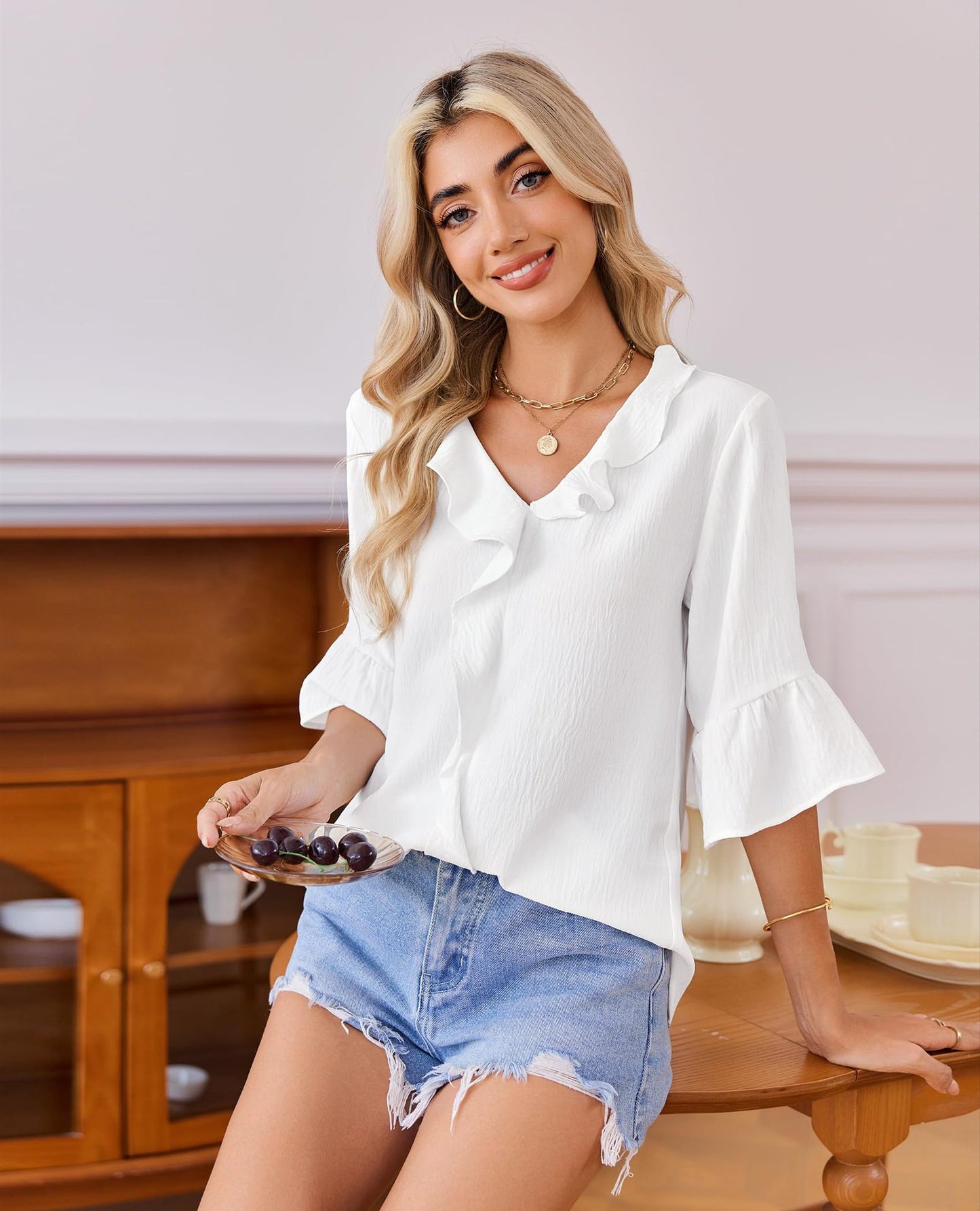 Ruffle V Neck 3/4 Sleeve Textured Blouse Top