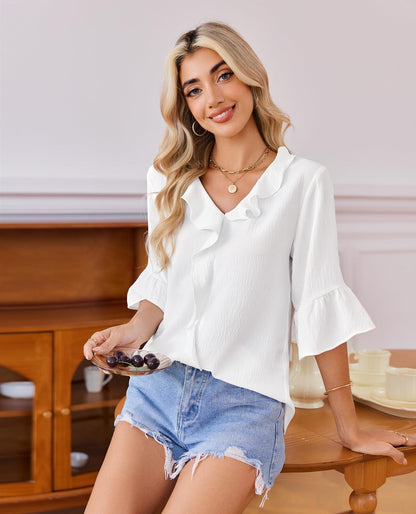 Ruffle V Neck 3/4 Sleeve Textured Blouse Top