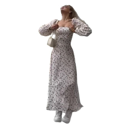 Floral Square Neck Long Sleeve Maxi Dress Side Slit