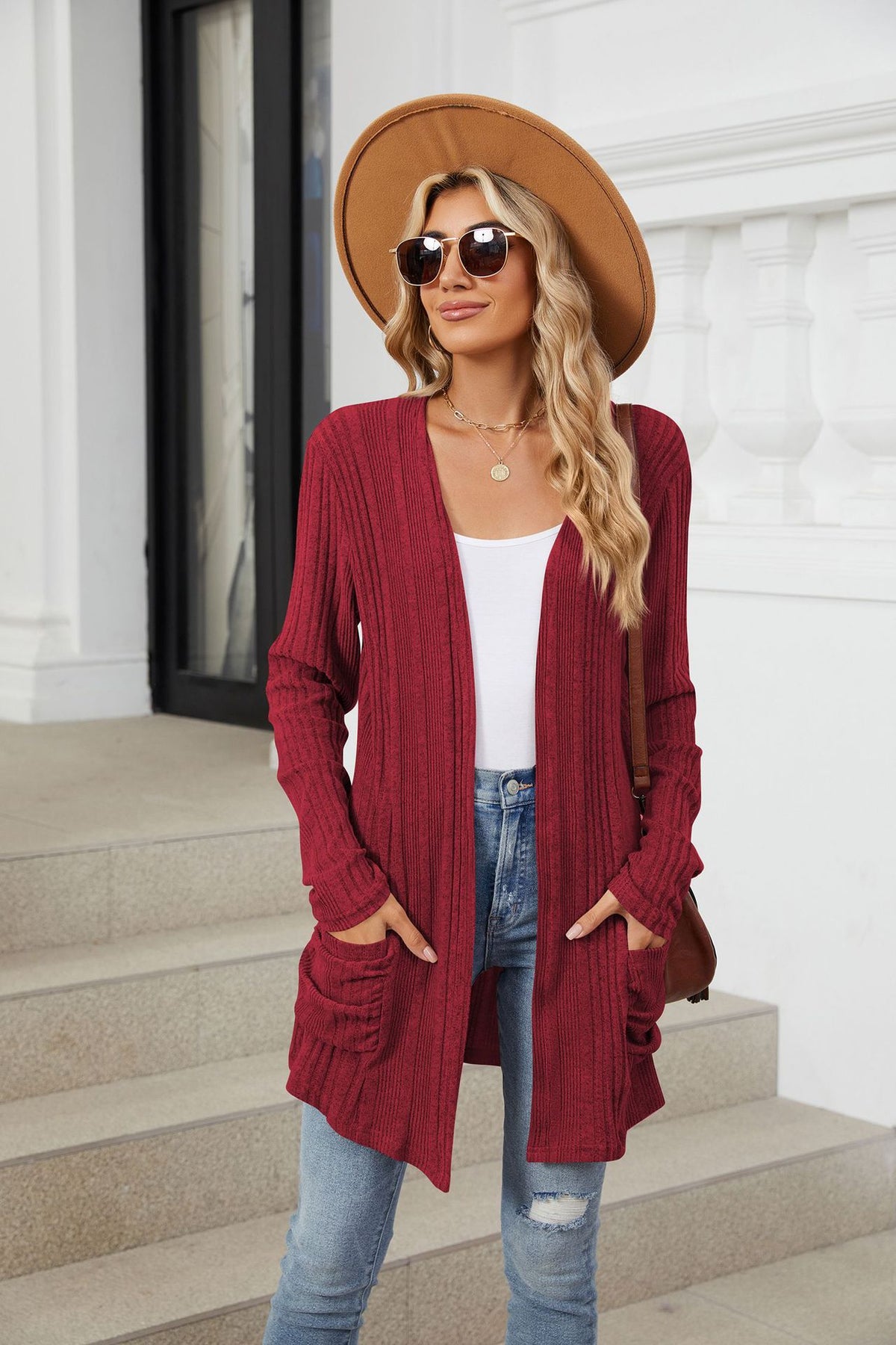 Women's Long Sleeve Ribbed Open Front Cardigan Pockets