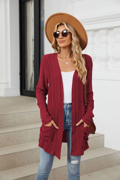 Women's Long Sleeve Ribbed Open Front Cardigan Pockets