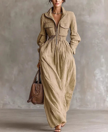 Zip Front Collared Maxi Dress Long Sleeve Elastic Waist