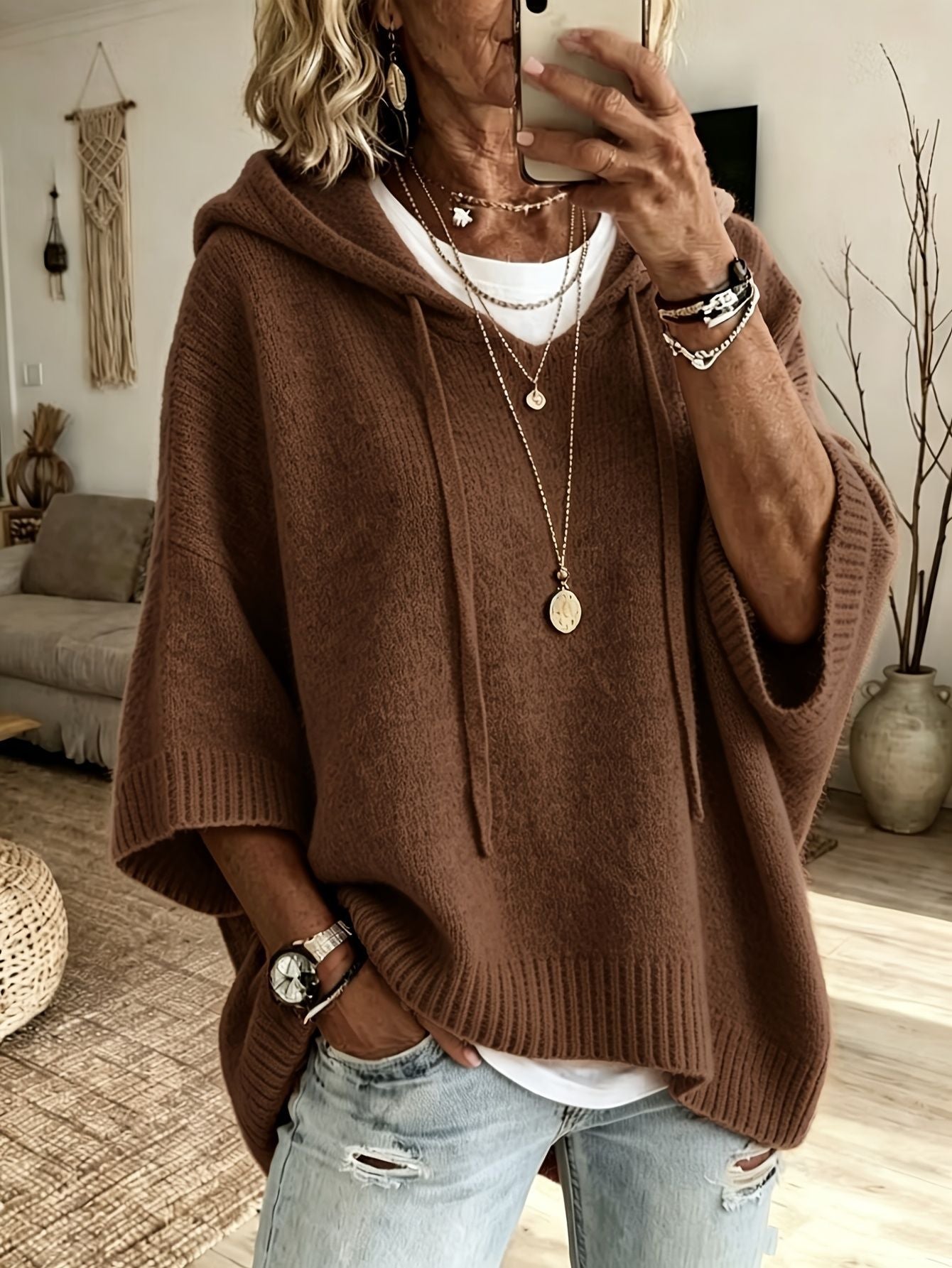 Oversized Knit Hoodie Sweater Women Loose Pullover