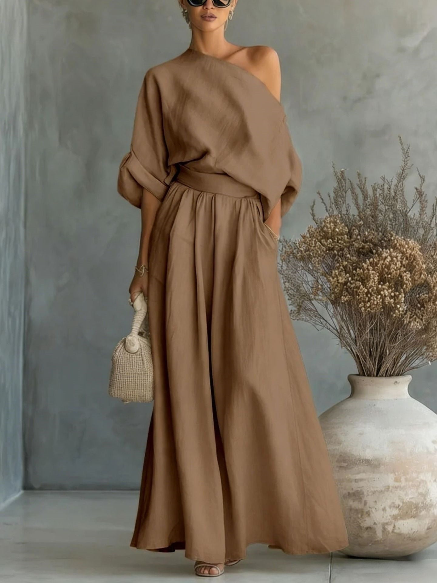 Women's One Shoulder Top Wide Leg Pants Matching Set