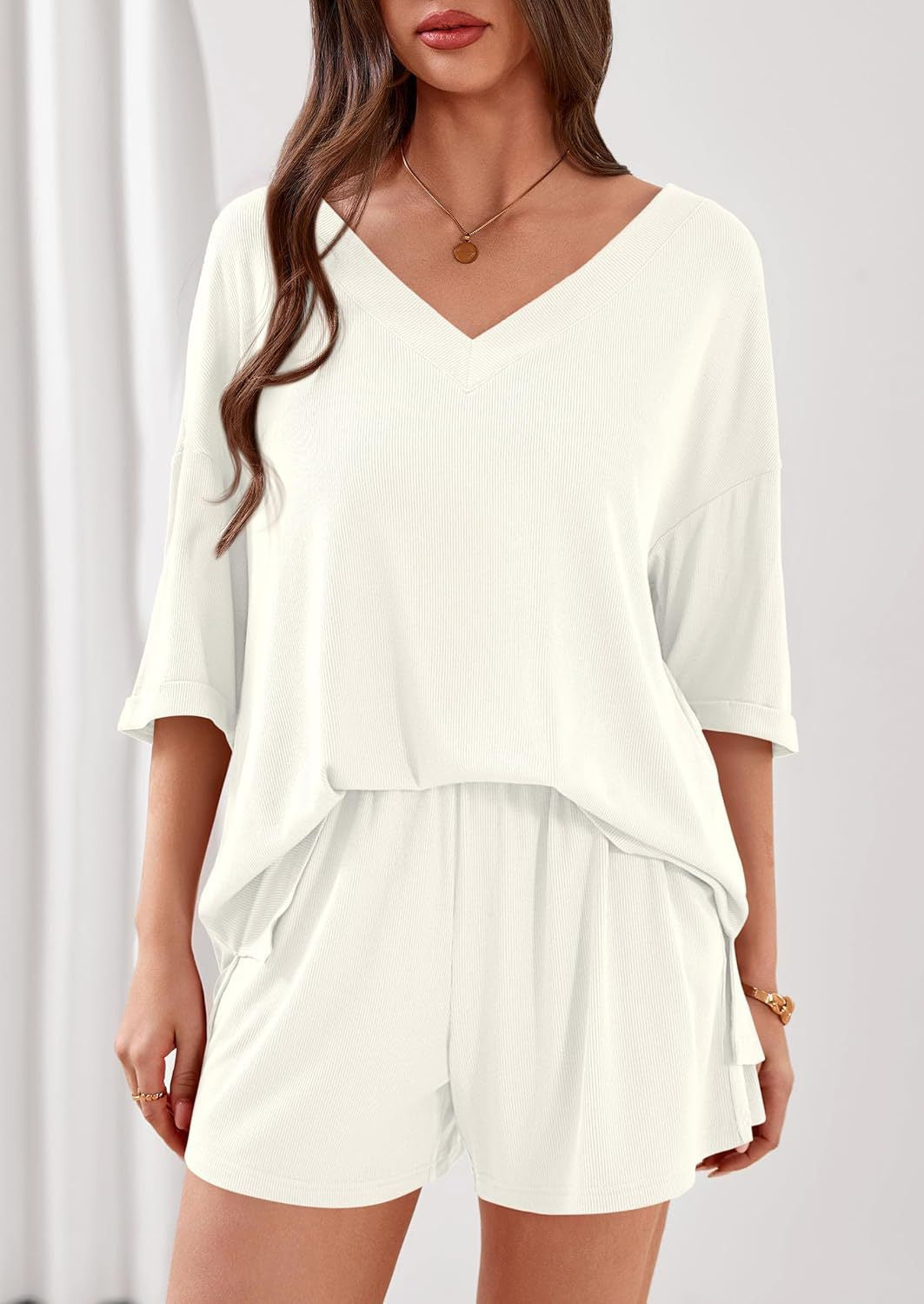 Ribbed V Neck Lounge Set Oversized Top Shorts Set