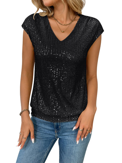 Women's V-Neck Sequin Tank Top – Sleeveless Summer Party Blouse