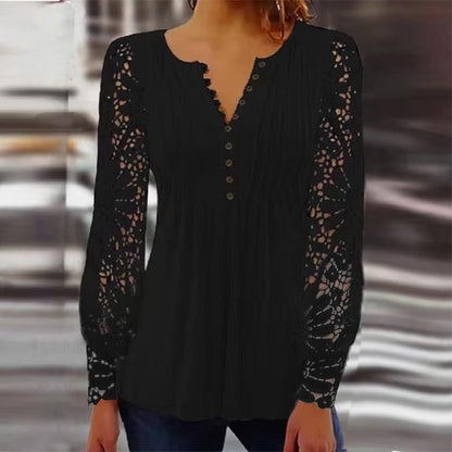 Women's Lace Sleeve Pleated V-Neck Blouse