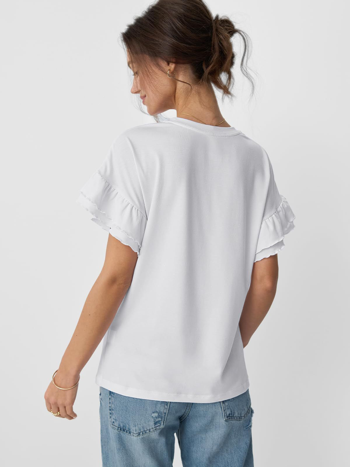 Women’s Ruffle Sleeve Crew Neck Tee Casual Summer Top